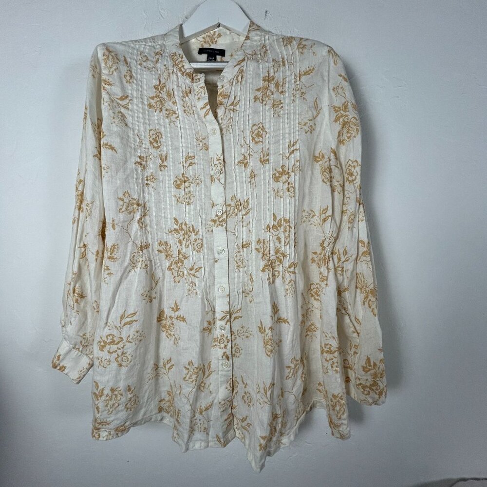 Lands' End Womens Button Down Linen Floral Tunic Blouse Shirt 1X White Brown